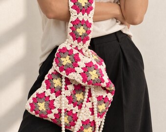 Colorful Pearl Beaded Cotton Crochet Bag, Granny Square Shoulder Purse