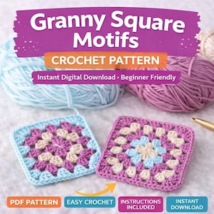 Cotton Traditional Granny Square Crochet Pattern:  Beginner Friendly Summer Motifs PDF