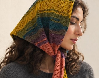 Hand Knit Vegan Fisherman Scarf, Colorful Triangle Headscarf and Winter Neck Wrap