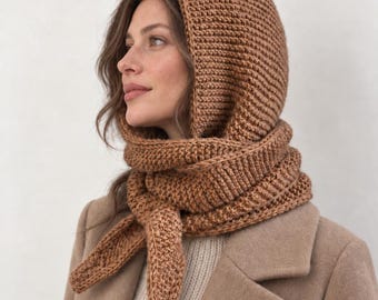 Camel Merino Sophie Hood Scarf, Hand Knit Winter Balaclava Wrap