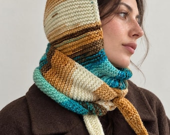 Vegan Sophie Hood Scarf, Hand Knit Striped Balaclava Shawl