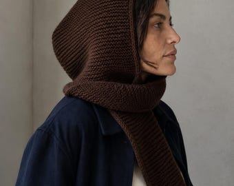 Dark Brown Merino Wool Hood Scarf, Hand Knit Winter Balaclava Wrap