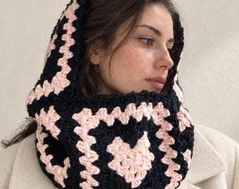 Pink Black Heart Crochet Balaclava, Oversized Merino Wool Hood