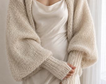 Cream Mohair-Blend Bridal Cardigan, Hand-Knit Convertible Wedding Wrap