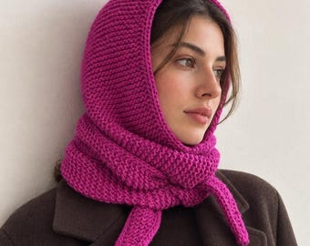 Vivid Magenta Merino Sophie Hood Scarf, Hand Knit Winter Balaclava