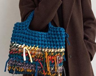 Blue Multicolor Recycled T-Shirt Tote, Eco Yarn Patchwork Everyday Bag