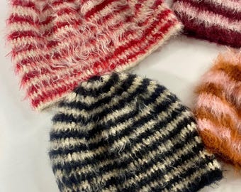 Hand Knit Mohair Fuzzy Beanie, Merino Wool Soft Winter Hat