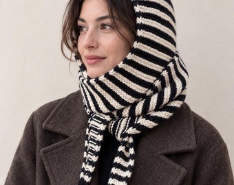 Striped Merino Wool Hood Scarf, Hand-Knit Custom Color Winter Wrap