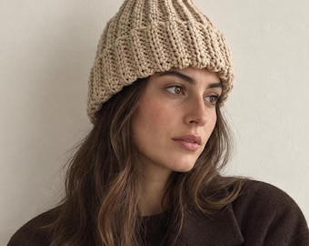 Cream Chunky Knit Merino Beanie, Soft Wool Winter Hat