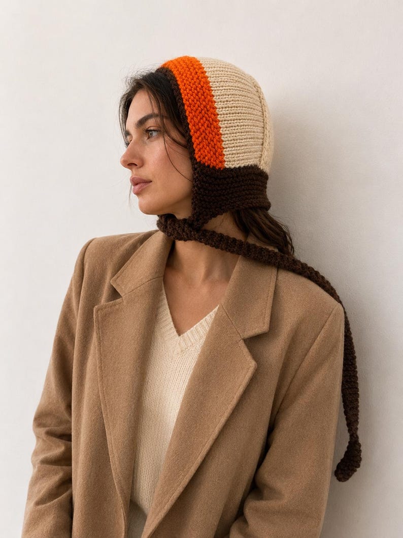 May include: A knitted bonnet featuring a cream-colored crown, a vibrant orange band, and a dark brown base with long, matching brown ties. The bonnet is worn with a beige V-neck sweater layered under a tan wool-blend blazer with notched lapels.