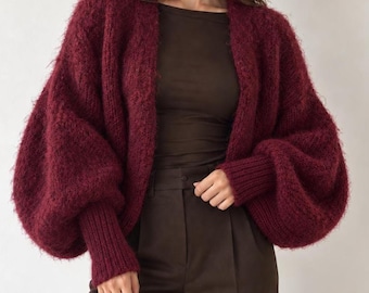 Burgundy Mohair Blend Cocoon Cardigan Scarf, Hand Knit Sleeved Wrap