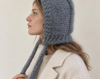Hand Knit Kid Mohair Bonnet, Merino Wool Adult Winter Hat Scarf