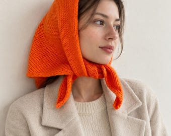 Orange Hand Knit Merino Hair Scarf, Wool Soft Fisherman Neck Scarves