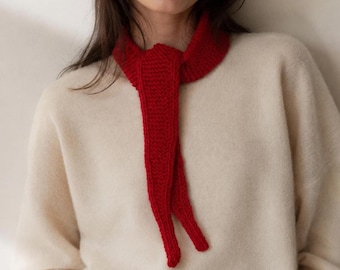 Handmade Merino Wool Skinny Scarf, Winter Knit Neck Wrap, Cozy Scarflette Collar Tie