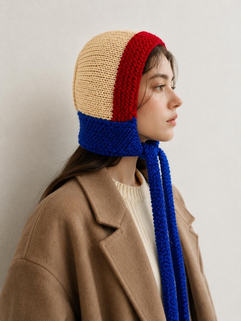 May include: A knit bonnet featuring a color-blocked design with a beige crown, a red band around the face, and a blue lower section with long, thick blue ties that hang down. The hat is constructed with a visible textured knit stitch pattern.
