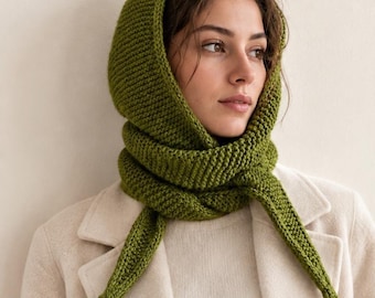 Olive Green Merino Hood Scarf: Hand Knit Reversible Winter Balaclava