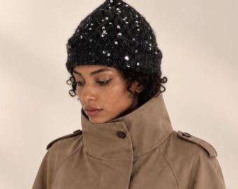 Mohair Sequin Top Knot Beanie, Hand Knit Merino Sparkly Winter Hat