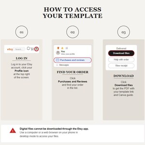 May include: A beige graphic with instructions on how to access a template on Etsy. The steps include logging in, finding the order in 'Purchases and Reviews,' and downloading the files. Text includes 'How to Access Your Template' and a warning about downloading on the Etsy app.