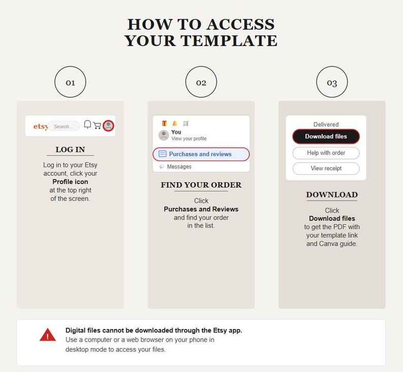 May include: A beige graphic with instructions on how to access a template on Etsy. The steps include logging in, finding the order in 'Purchases and Reviews,' and downloading the files. Text includes 'How to Access Your Template' and a warning about downloading on the Etsy app.