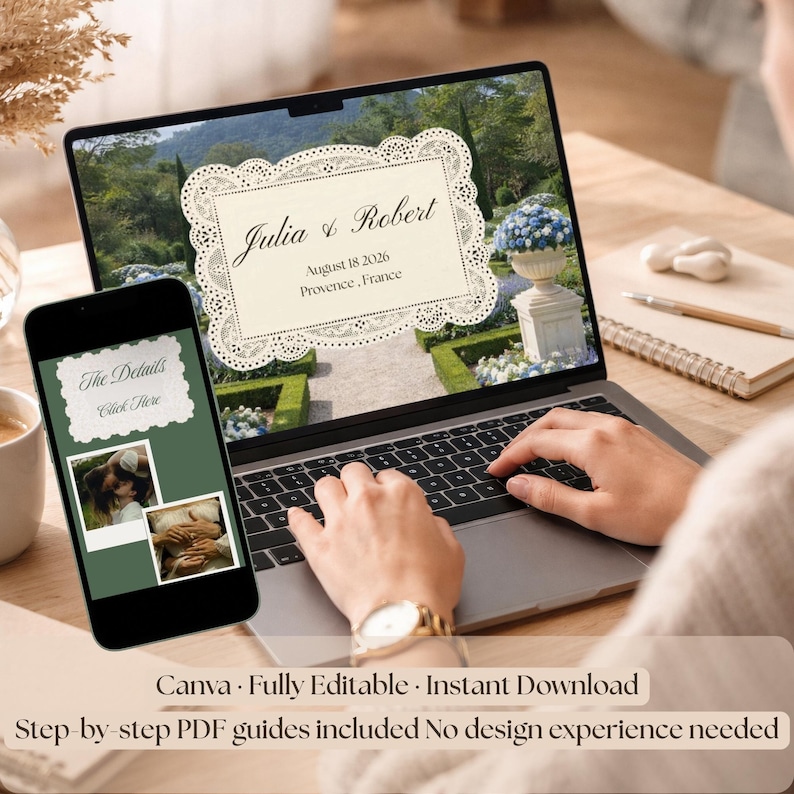 May include: A laptop and smartphone display a wedding invitation design. The laptop screen shows the names "Julia & Robert" with the date and location. The smartphone displays "The Details" and a photo. Text at the bottom reads "Canva - Fully Editable - Instant Download".