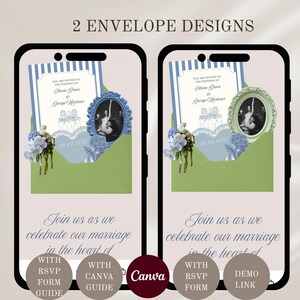 May include: Two digital smartphone displays showing wedding invitation templates with 2 envelope designs. Each features a blue striped card, a green envelope, a floral bouquet, and an oval frame with a black and white photo. Text includes 2 ENVELOPE DESIGNS, WITH RSVP FORM GUIDE, WITH CANVA GUIDE, Canva, WITH RSVP FORM, and DEMO LINK.
