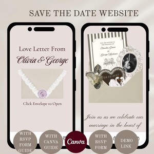 May include: Two smartphones displaying a digital wedding save the date website template. The left screen shows an envelope with a wax seal and the text Love Letter From Olivia & George. The right screen shows a wedding invitation with swan graphics.
