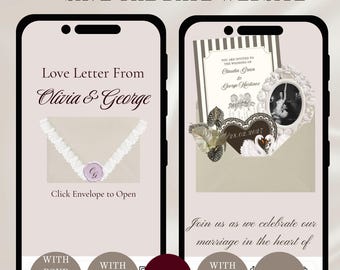 May include: Two smartphones displaying a digital wedding save the date website template. The left screen shows an envelope with a wax seal and the text Love Letter From Olivia & George. The right screen shows a wedding invitation with swan graphics.