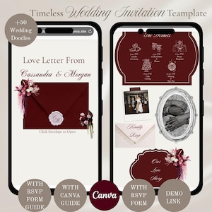 Burgundy Lace Wedding Website Template with Countdown Timer and RSVP Form Fully Editable Old Money Canva Site Digital Invitation