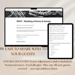 May include: A digital RSVP form displayed on a laptop and tablet. The laptop screen shows a wedding RSVP with the names "Julia & Robert" at the top. The tablet displays meal preferences and allergy options. Text reads "Easy to share with your guests."