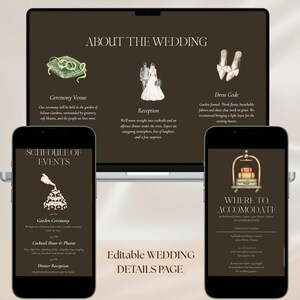May include: A digital wedding details page displayed on a laptop and two smartphones. The page features watercolor illustrations and text about the ceremony, reception, dress code, schedule of events, and accommodation details. The color scheme is brown and white.