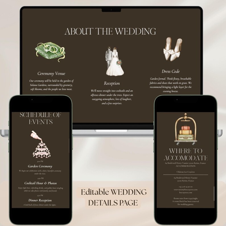 May include: A digital wedding details page displayed on a laptop and two smartphones. The page features watercolor illustrations and text about the ceremony, reception, dress code, schedule of events, and accommodation details. The color scheme is brown and white.