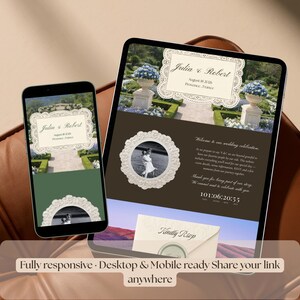 May include: A smartphone and tablet display a wedding website design. The website features a vintage lace design with the names "Julia & Robert" and the date August 18, 2026. The website is fully responsive and mobile-ready.