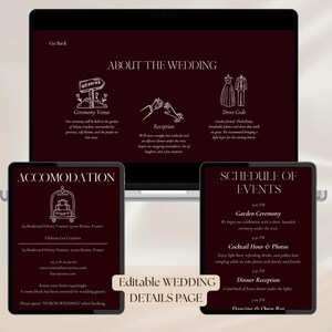 May include: A digital wedding details page displayed on a laptop and two tablets. The burgundy-colored screen shows information about the ceremony, reception, dress code, accommodation, and schedule of events. Text on the screen includes "Editable Wedding Details Page."