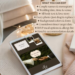 May include: A digital tablet displaying a wedding invitation template. The screen shows sample photos, text fields, and the words "Our Love Story" and "The Details." The tablet is on a stand, with text above indicating editable elements like couple names and wedding details.