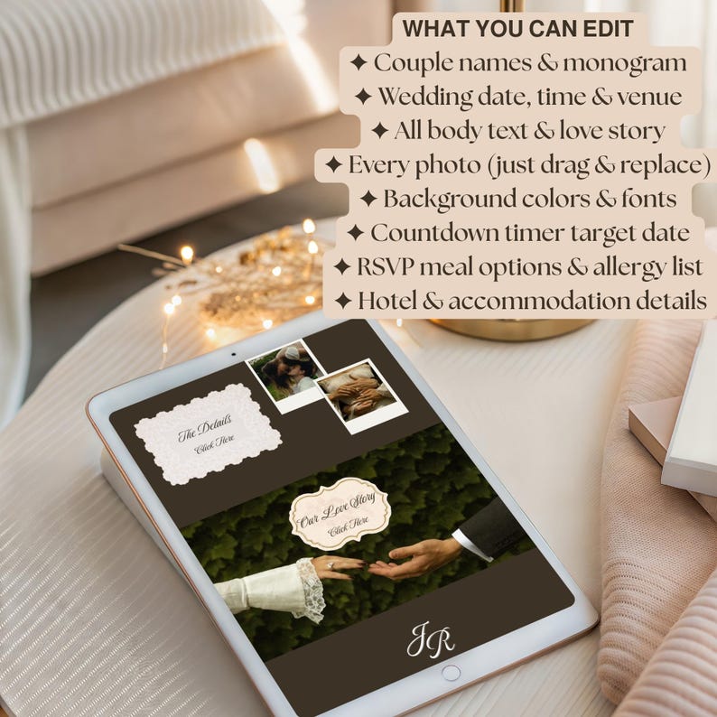May include: A digital tablet displaying a wedding invitation template. The screen shows sample photos, text fields, and the words "Our Love Story" and "The Details." The tablet is on a stand, with text above indicating editable elements like couple names and wedding details.