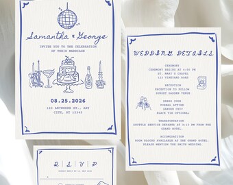 以下が含まれることがあります： 青と白のデザインのウェディングステーショナリーセット。「Samantha & George」の名前と「08.25.2026」の日付が記載された招待状。その他のカードには、結婚式の詳細とRSVP情報が記載されています。
