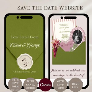 May include: Two smartphone screens displaying a digital wedding save the date website. The left screen shows a green envelope with a wax seal reading OG and text Love Letter From Olivia & George. The right screen shows an open envelope with a wedding invitation, a photo in an ornate frame, a heart shape with the date 28.02.2027, and a floral bouquet.