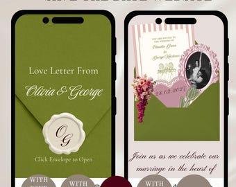 May include: Two smartphone screens displaying a digital wedding save the date website. The left screen shows a green envelope with a wax seal reading OG and text Love Letter From Olivia & George. The right screen shows an open envelope with a wedding invitation, a photo in an ornate frame, a heart shape with the date 28.02.2027, and a floral bouquet.