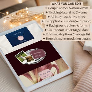 May include: A digital tablet displaying a wedding invitation design. The design includes a navy blue envelope with a pink wax seal, photos, and text. The text on the tablet reads "What You Can Edit" and lists customizable options for the invitation.