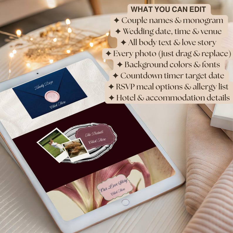 May include: A digital tablet displaying a wedding invitation design. The design includes a navy blue envelope with a pink wax seal, photos, and text. The text on the tablet reads "What You Can Edit" and lists customizable options for the invitation.