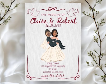 以下が含まれることがあります： The Wedding of Claire & Robert 06.21.2030とマルーン色の文字で書かれた白い結婚式のセーブ・ザ・デートカード。スーツを着た人物がウェディングドレスを着た人物を抱きかかえているイラストが描かれています。場所と返信用の連絡先情報が含まれています。