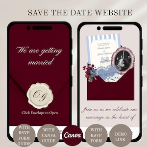 May include: Two smartphone screens displaying a digital save the date wedding website. The left screen shows a deep red envelope with a cream wax seal featuring the initials OG and the text We are getting married. The right screen shows an open envelope with a blue striped invitation, a photo in an oval frame, and a heart-shaped card with the date 28.02.2027.