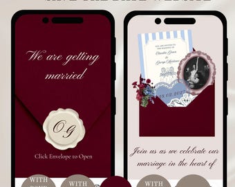 以下が含まれることがあります： 結婚式のデジタルセーブザデートウェブサイトを表示する2台のスマートフォン画面。左側の画面には、OGのイニシャルと「We are getting married」という文字が入ったクリーム色のワックスシールが付いた濃い赤色の封筒が表示されています。右側の画面には、青いストライプの招待状、楕円形のフレームに入った写真、28.02.2027という日付が入ったハート型のカードが入った開いた封筒が表示されています。