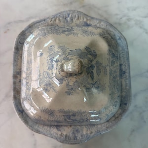 Può includere: Un burriera quadrata in ceramica con coperchio, caratterizzata da una base color crema e un motivo floreale blu a trasferimento. Il coperchio presenta una maniglia centrale a pomello e un bordo smerlato, con intricate illustrazioni botaniche.
