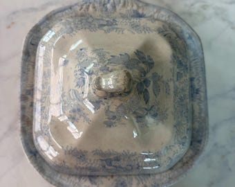 Antique Asiatic Pheasants Covered Tureen Blue Transferware Victorian Staffordshire Lidded Vegetable Dish English Ironstone