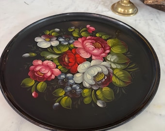 Vintage Zhostovo Floral Lacquer Tray | Hand Painted Black Tole Serving Dish