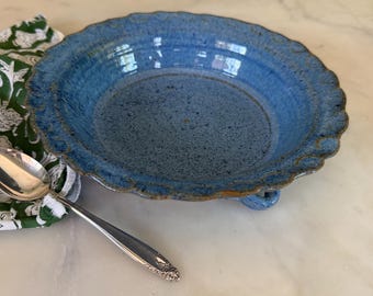 Vintage 1978 Signed Studio Pottery Bowl | Cobalt Blue Scalloped Stoneware Dish