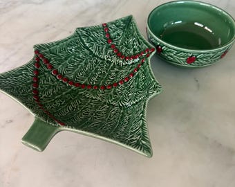 Vintage Bordallo Pinheiro Christmas Tree Platter & Holly Bowl Set | Portuguese Majolica Serving Pieces