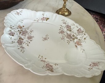 Antique LS&S Carlsbad Austria Porcelain Platter, Pink Floral Transferware Gravy Wells
