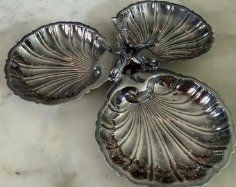 Vintage Gorham Silverplate Three Shell Relish Dish Fish Centerpiece YC243 Coastal Seafood Serving Tray